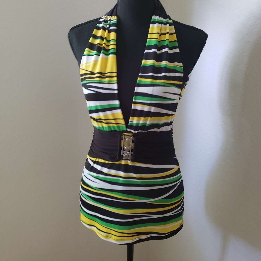 Ladies Sexy Black, Green and Gold Halter Top
